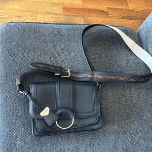 Sammy Black Leather Crossbody Shoulder Bag with Gold Ring and Snakeskin Accent